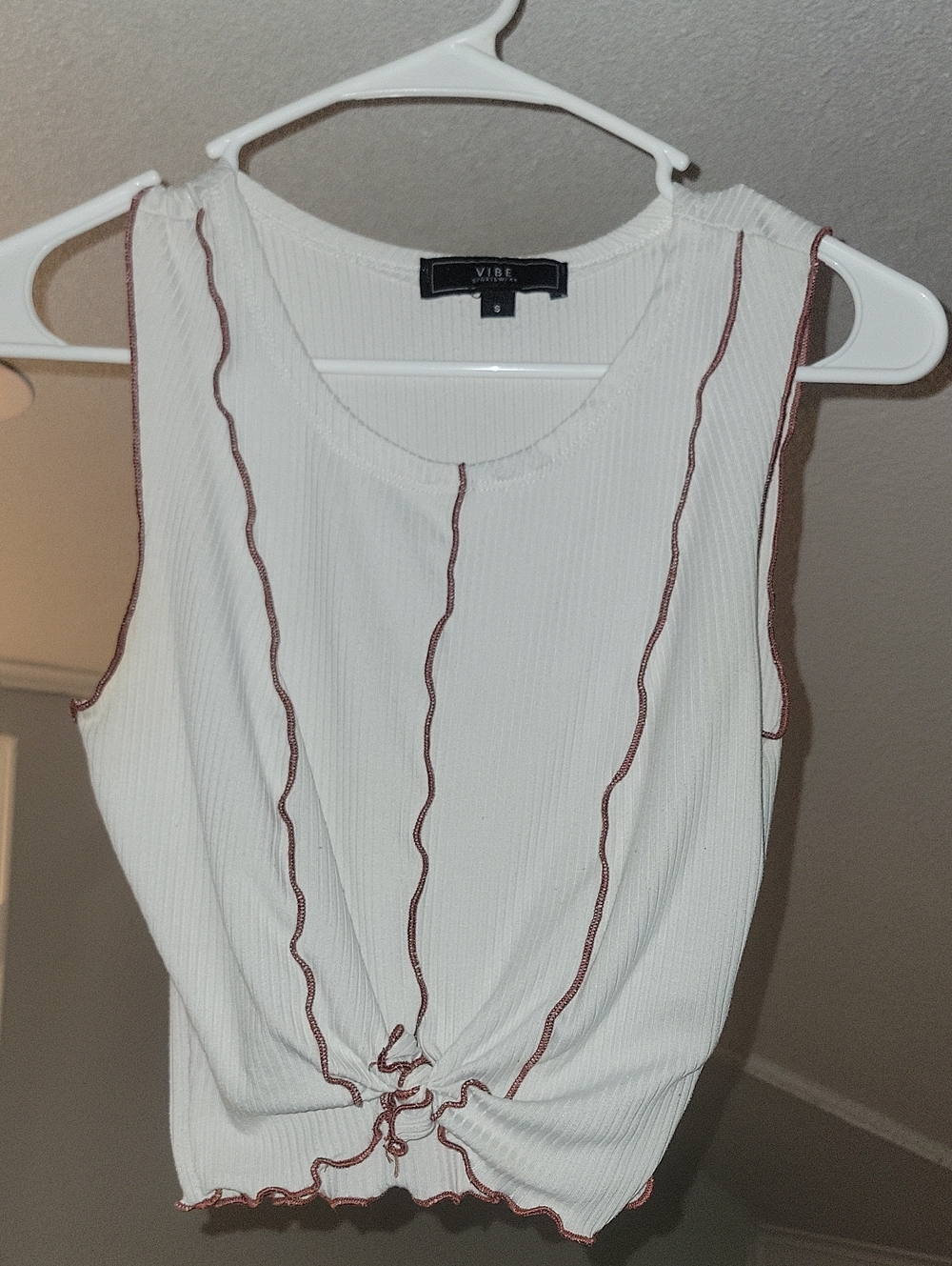 Vibe White Ribbed Tank with Brown Contrast Stitching